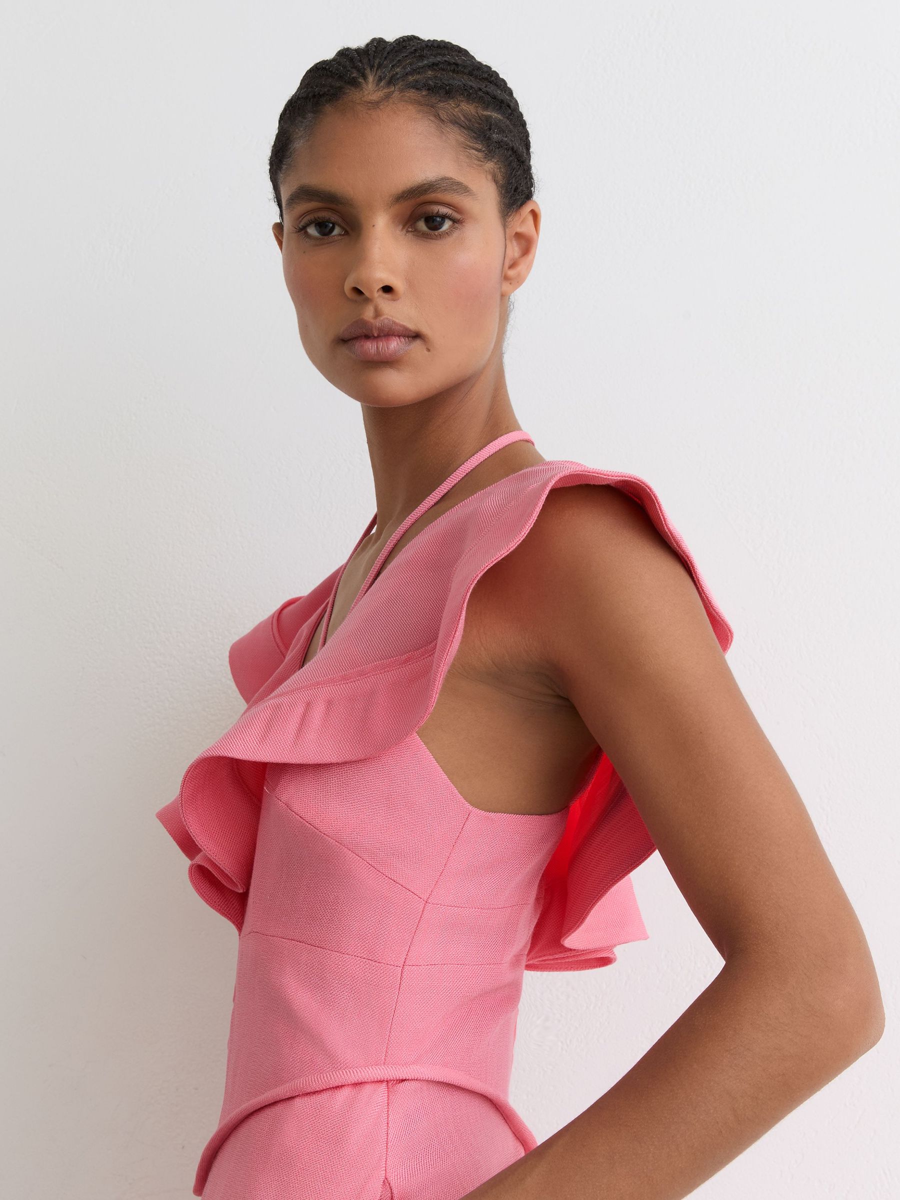Buy Reiss Pink Giselle Ruffle Tie-Neck Keyhole Midi Dress from