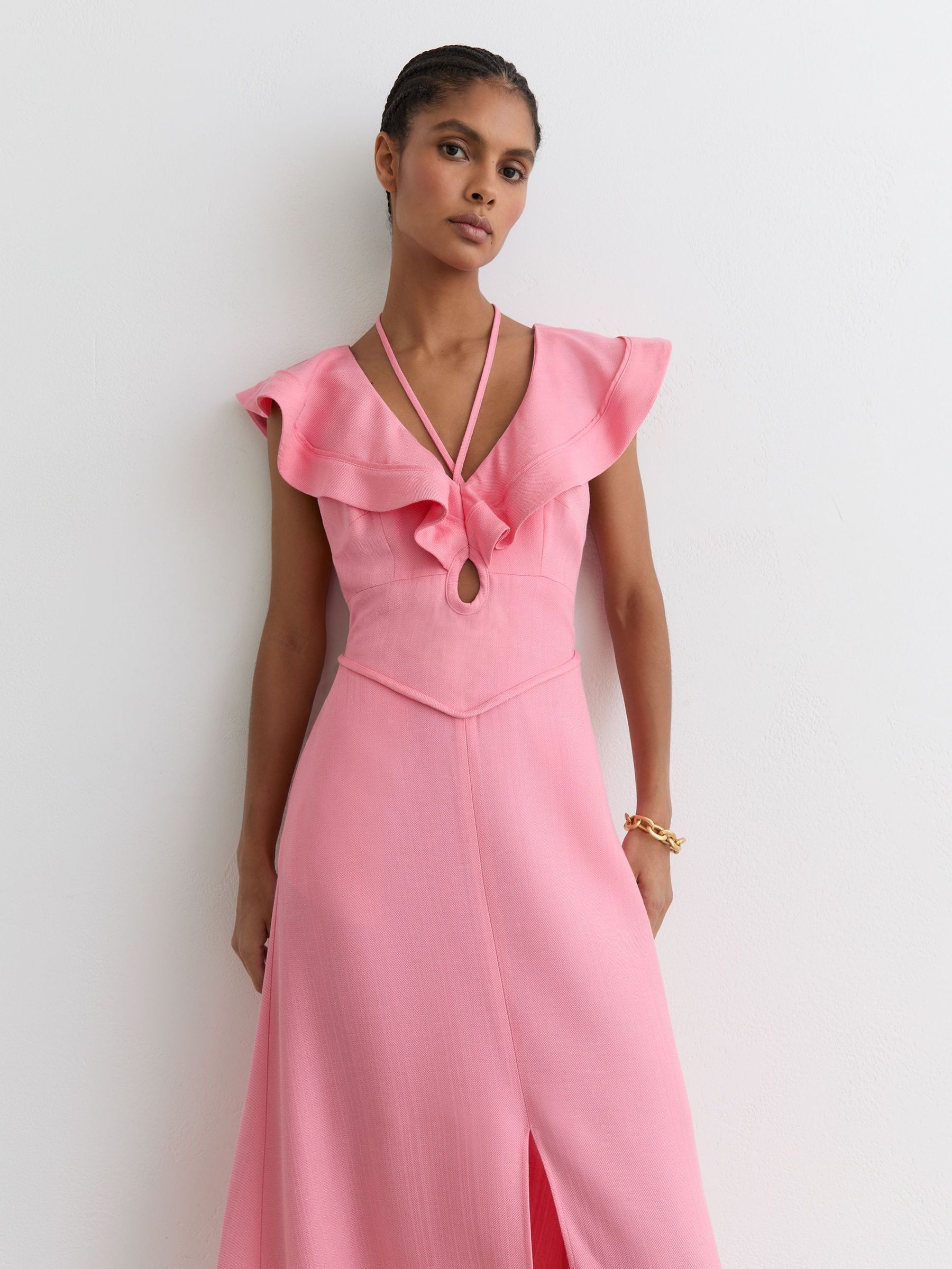 Buy Reiss Pink Giselle Ruffle Tie-Neck Keyhole Midi Dress from