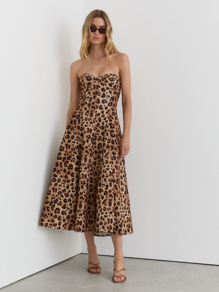 Reiss Neutral Ramona Strapless Leopard-Print Corset Midi Dress - Image 1 of 7 Reiss Neutral Ramona Strapless Leopard-Print Corset Midi Dress - Image 1 of 7