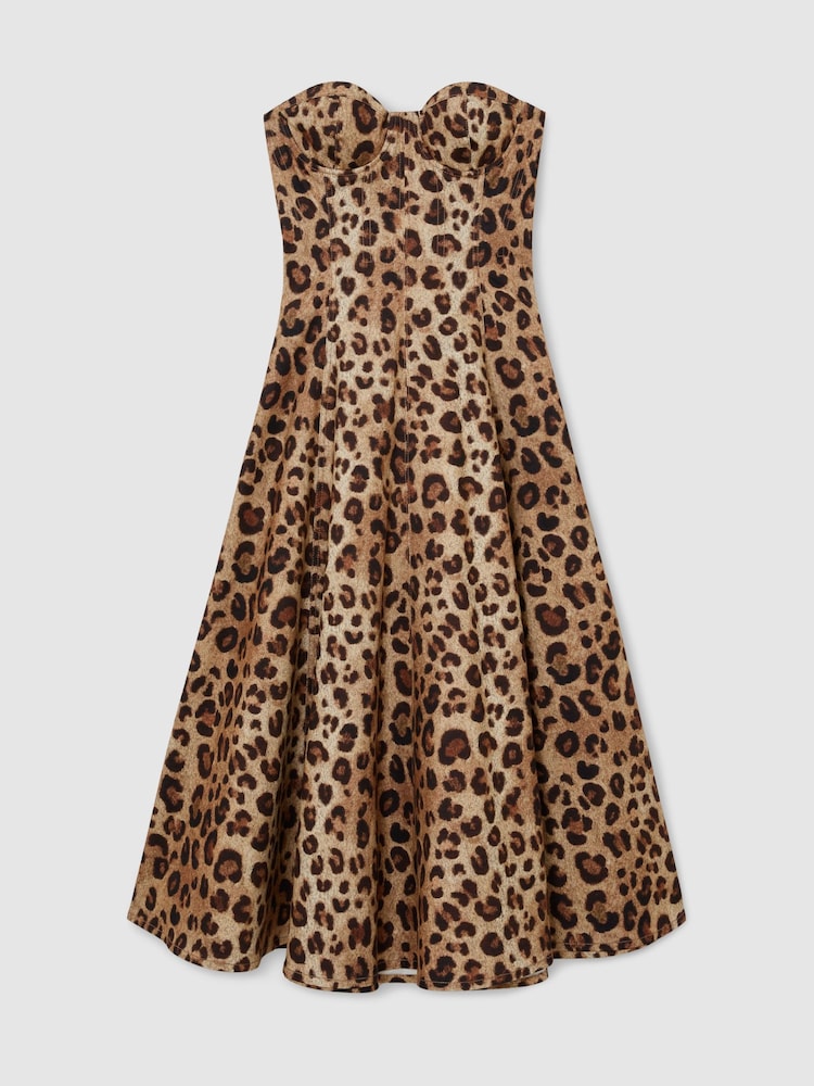 Reiss Neutral Ramona Strapless Leopard-Print Corset Midi Dress - Image 2 of 7 Reiss Neutral Ramona Strapless Leopard-Print Corset Midi Dress - Image 2 of 7