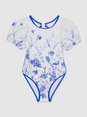 Reiss Blue Print Clemmie Floral Print Puff Sleeve Swimsuit - Image 1 of 3