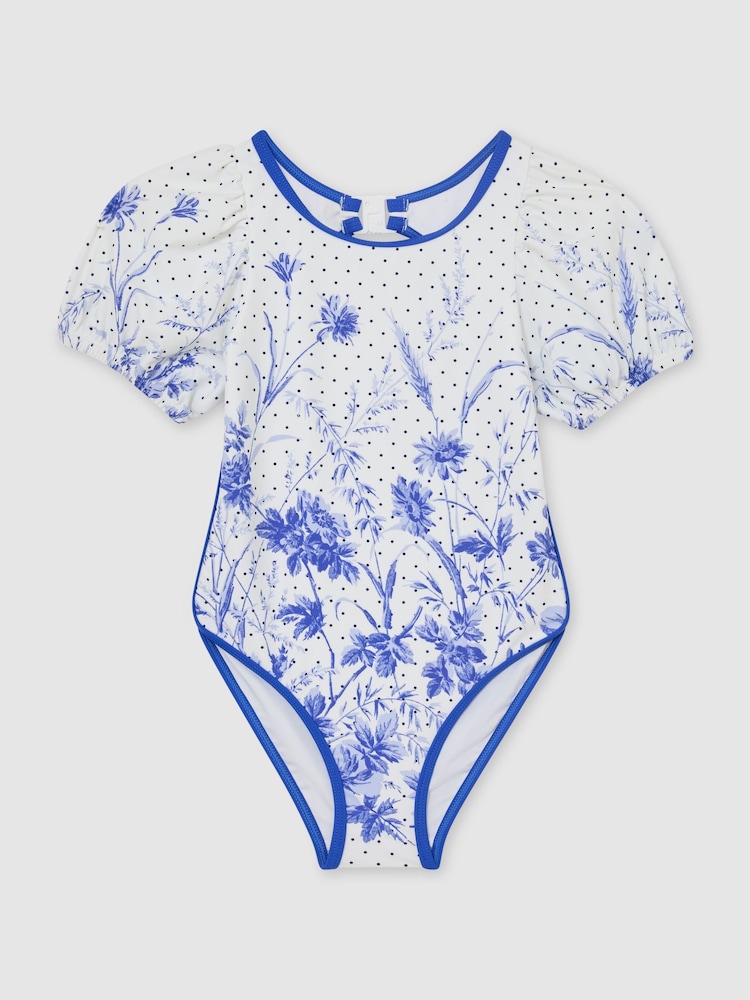 Reiss Blue Print Clemmie Floral Print Puff Sleeve Swimsuit - Image 1 of 3