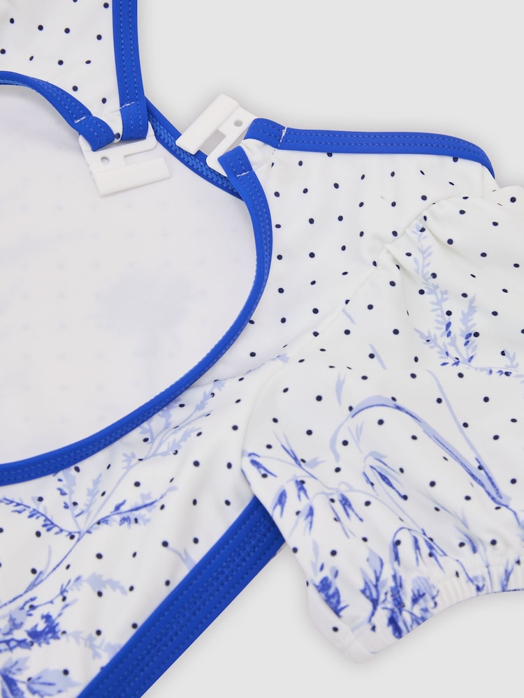 Reiss Blue Print Clemmie Floral Print Puff Sleeve Swimsuit - Image 3 of 3