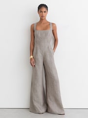 Reiss Neutral Flora Petite Linen Structured Wide-Leg Jumpsuit - Image 1 of 10