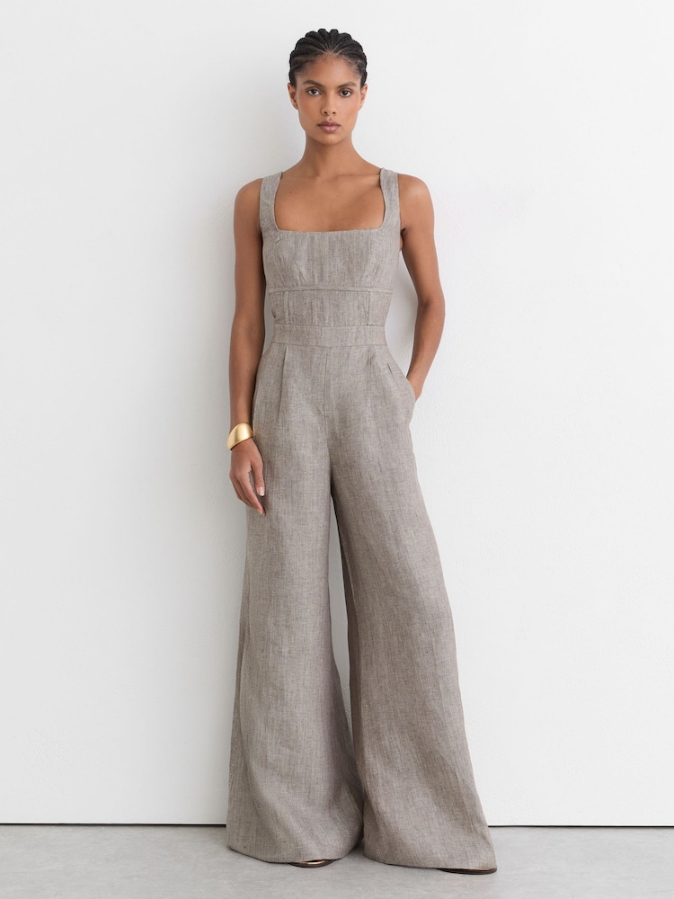 Reiss Neutral Flora Petite Linen Structured Wide-Leg Jumpsuit - Image 1 of 10