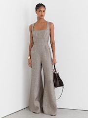 Reiss Neutral Flora Petite Linen Structured Wide-Leg Jumpsuit - Image 7 of 10