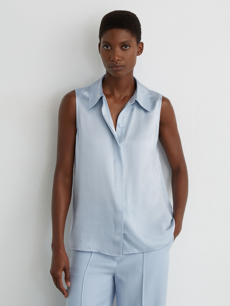 Reiss Light Blue Amelia Silk Sleeveless Shirt - Image 1 of 7