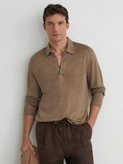 Reiss Brown Pembroke Linen Long-Sleeve Knitted Polo Shirt - Image 1 of 6