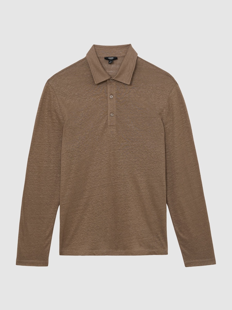 Reiss Brown Pembroke Linen Long-Sleeve Knitted Polo Shirt - Image 2 of 6
