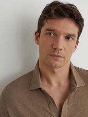 Reiss Brown Pembroke Linen Long-Sleeve Knitted Polo Shirt - Image 3 of 6