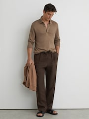 Reiss Brown Pembroke Linen Long-Sleeve Knitted Polo Shirt - Image 4 of 6