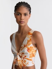 Reiss Ivory/Orange Milly Linen Floral Print Tie Front Top - Image 1 of 7