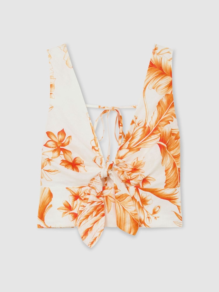 Reiss Ivory/Orange Milly Linen Floral Print Tie Front Top - Image 2 of 7