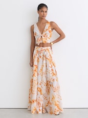 Reiss Ivory/Orange Milly Linen Floral Print Tie Front Top - Image 3 of 7