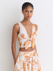 Reiss Ivory/Orange Milly Linen Floral Print Tie Front Top - Image 4 of 7