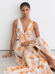 Reiss Ivory/Orange Milly Linen Floral Print Tie Front Top - Image 5 of 7