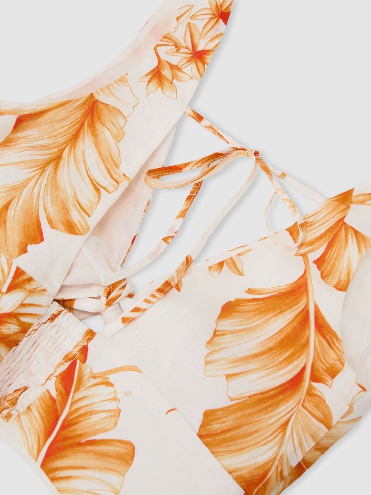 Reiss Ivory/Orange Milly Linen Floral Print Tie Front Top - Image 7 of 7