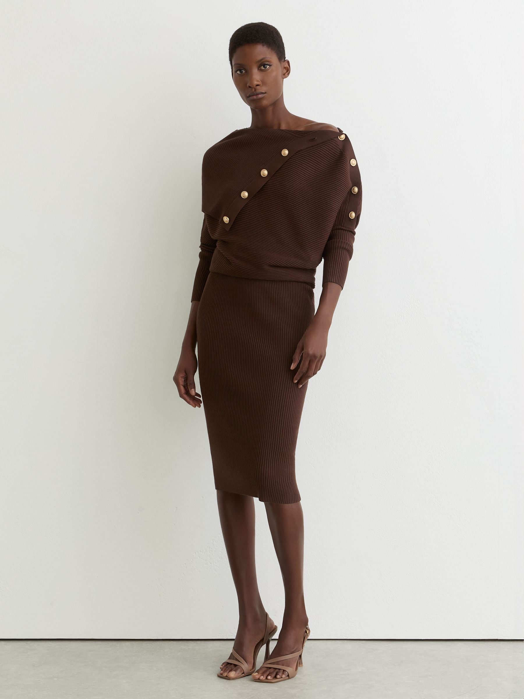 Buy Reiss Chocolate Brown Leana Draped Off-Shoulder Rib-Knit Dress