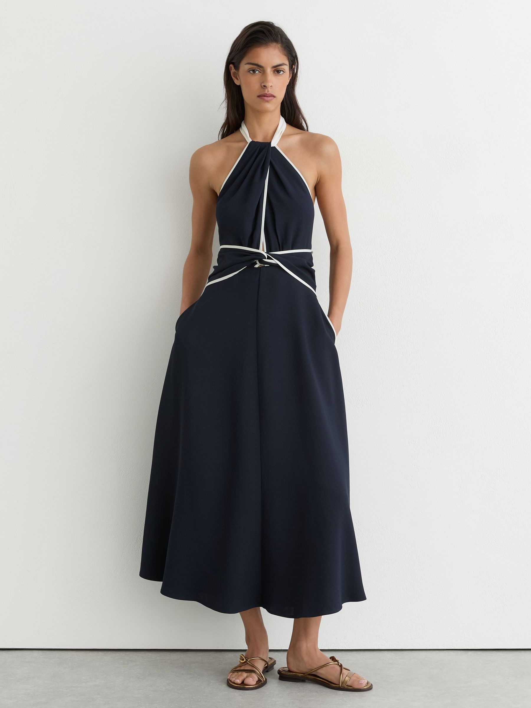 Buy Reiss Navy/Ivory Blair Petite Contrast-Trim Halterneck Midi