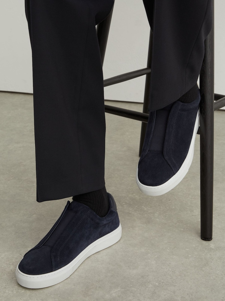Reiss Dark Navy Emil Suede Slip-On Elasticated Trainers - Image 1 of 4 Reiss Dark Navy Emil Suede Slip-On Elasticated Trainers - Image 1 of 4