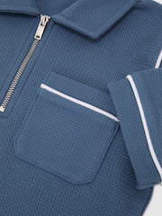 Reiss Blue Percy 13-14 yrs Cotton Textured-Knit Half-Zip Polo Shirt - Image 1 of 3