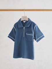 Reiss Blue Percy 13-14 yrs Cotton Textured-Knit Half-Zip Polo Shirt - Image 2 of 3