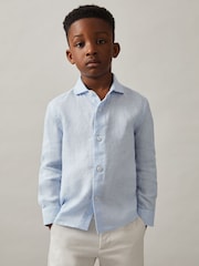 Reiss Pale Blue Ruban 13-14 yrs Linen Cutaway Collar Shirt - Image 1 of 4