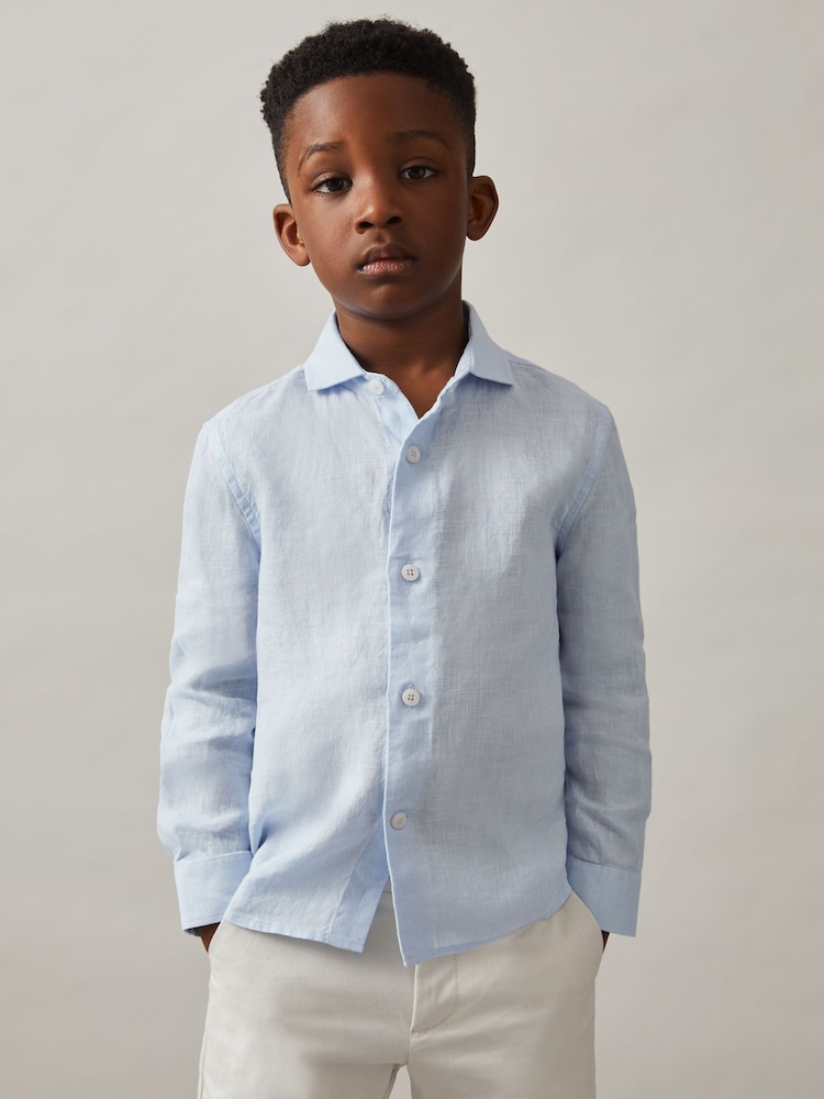 Reiss Pale Blue Ruban 13-14 yrs Linen Cutaway Collar Shirt - Image 1 of 4