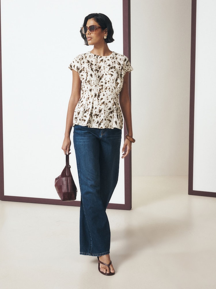 Ecru Speckle Print Soft Peplum Short Sleeve Top - Image 2 of 9 Ecru Speckle Print Soft Peplum Short Sleeve Top - Image 2 of 9