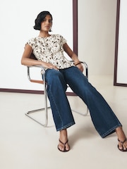 Ecru Speckle Print Soft Peplum Short Sleeve Top - Image 3 of 9