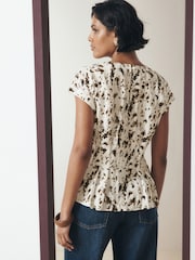 Ecru Speckle Print Soft Peplum Short Sleeve Top - Image 4 of 9
