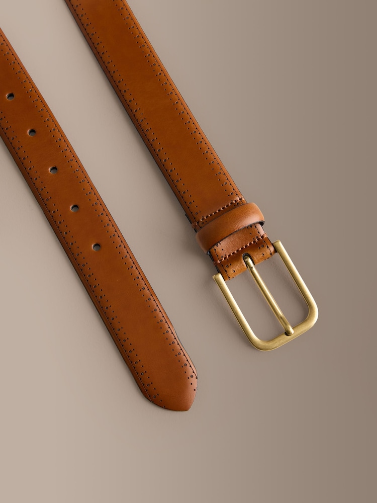 Tan Brown Signature Made In Italy Formal Belt With Brogue Pattern - Image 4 of 4 Tan Brown Signature Made In Italy Formal Belt With Brogue Pattern - Image 4 of 4