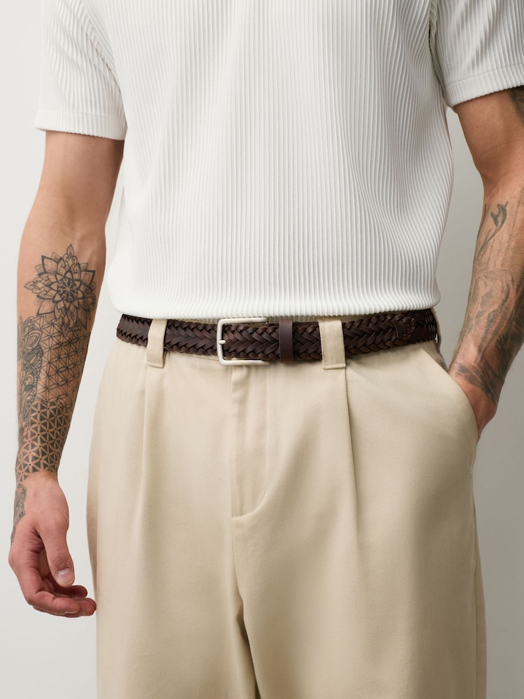 Chocolate Brown Woven Leather Belt - Image 1 of 4 Chocolate Brown Woven Leather Belt - Image 1 of 4