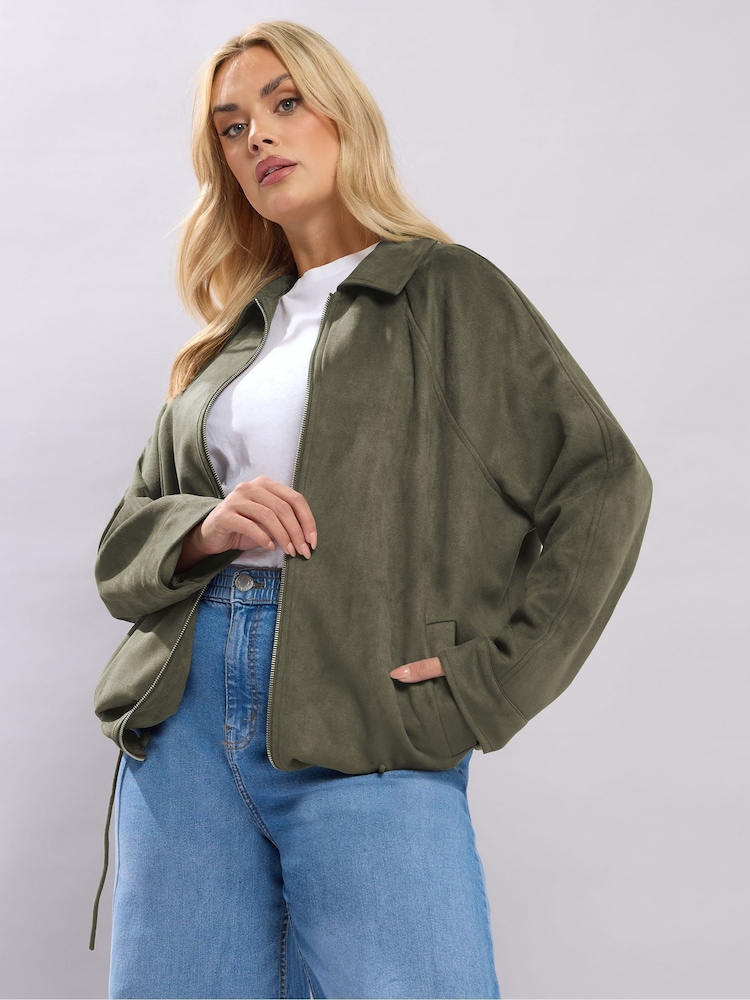 Yours Curve Green Suedette Bomber Jacket - Image 1 of 5 Yours Curve Green Suedette Bomber Jacket - Image 1 of 5