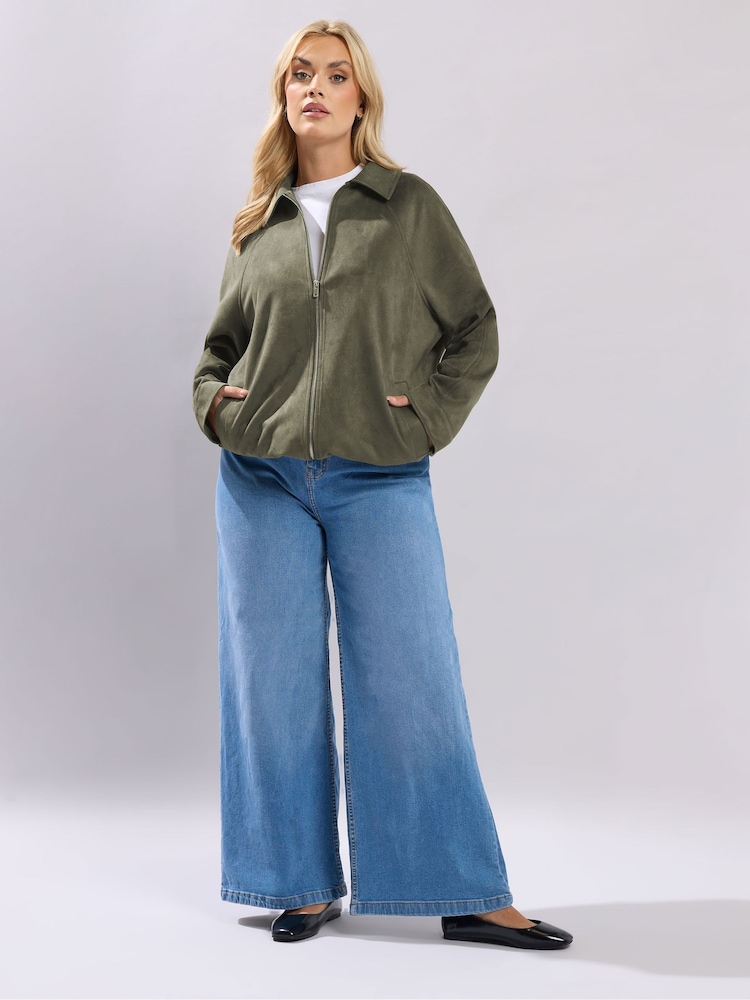 Yours Curve Green Suedette Bomber Jacket - Image 2 of 5 Yours Curve Green Suedette Bomber Jacket - Image 2 of 5