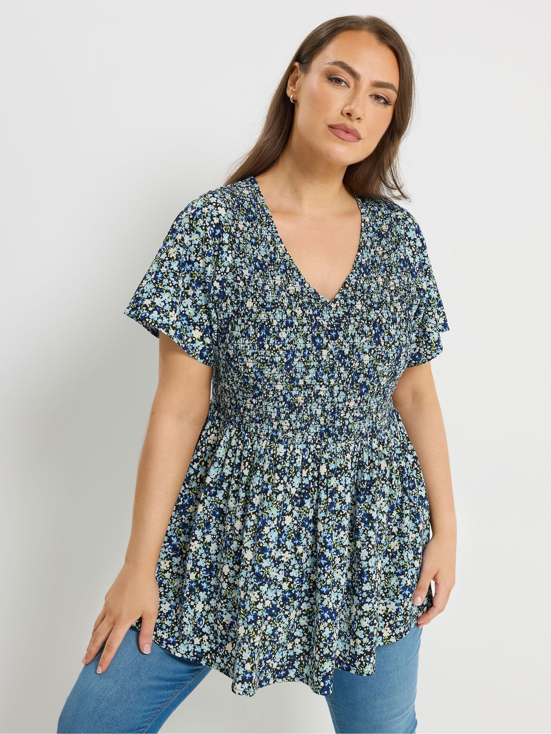 Yours Curve Women's Blue Textured Shirred Flutter Sleeve Blouse