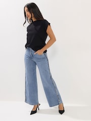 PixieGirl Petite Blue Plait Side Wide Leg Stretch Jeans - Image 1 of 5