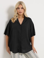 Yours Curve Black Linen Blend Resort Shirt - Image 1 of 5