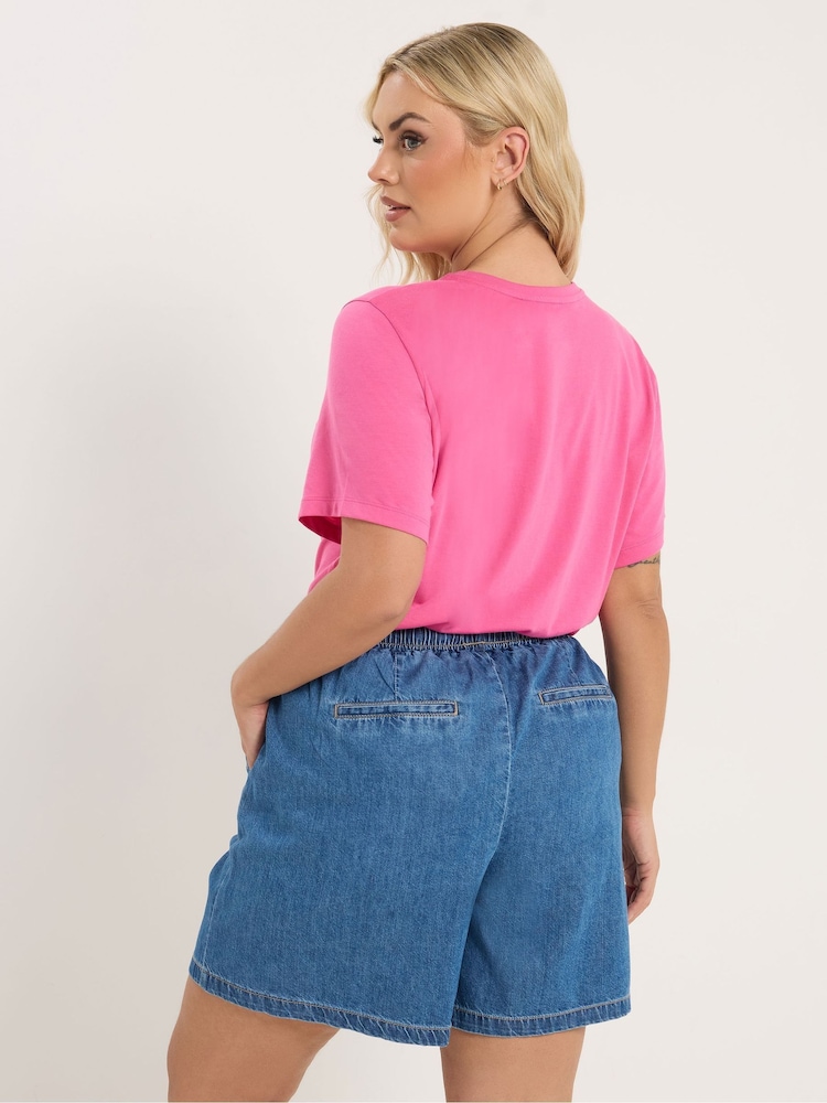 Yours Curve Blue Tie Waist Denim Shorts - Image 2 of 5 Yours Curve Blue Tie Waist Denim Shorts - Image 2 of 5