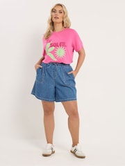 Yours Curve Blue Tie Waist Denim Shorts - Image 3 of 5