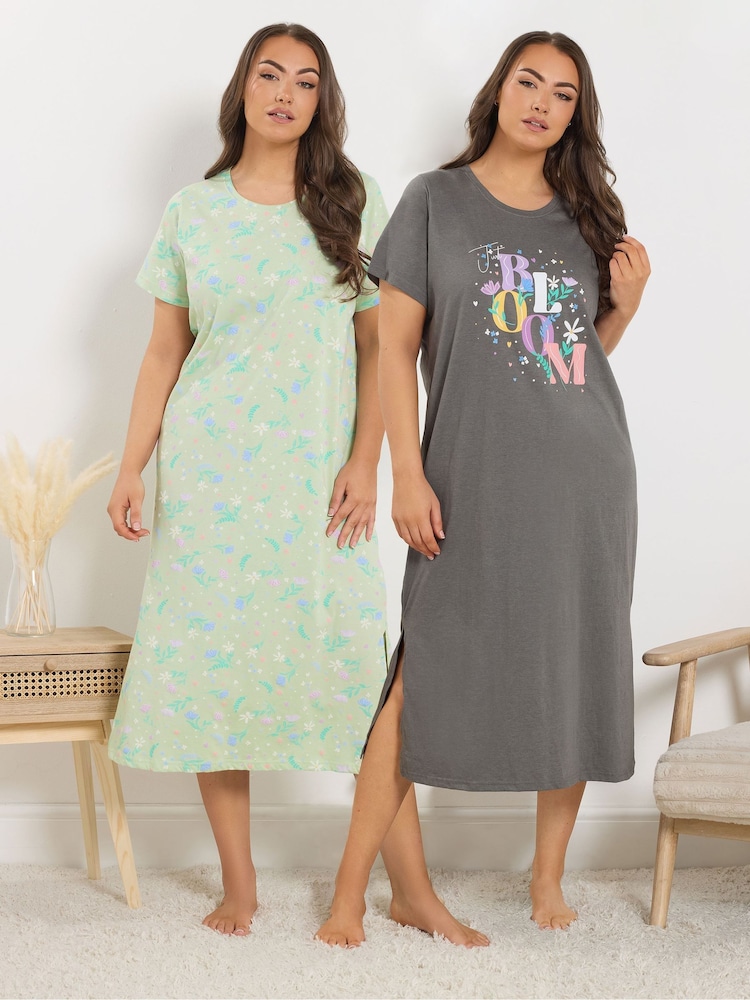 Yours Curve Grey Just Bloom Midaxi Nightdresses 2 Pack - Image 1 of 8