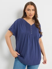 Yours Curve Blue Short Sleeve Pintuck T-Shirt - Image 1 of 5