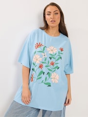 Yours Curve Blue Floral Print T-Shirt - Image 1 of 5