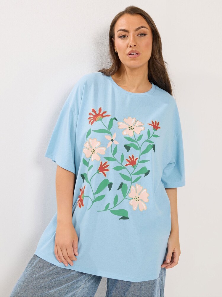 Yours Curve Blue Floral Print T-Shirt - Image 1 of 5