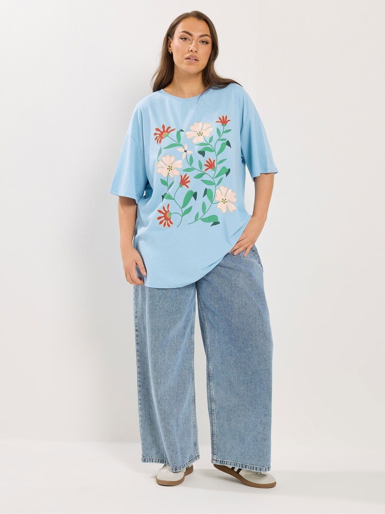 Yours Curve Blue Floral Print T-Shirt - Image 2 of 5