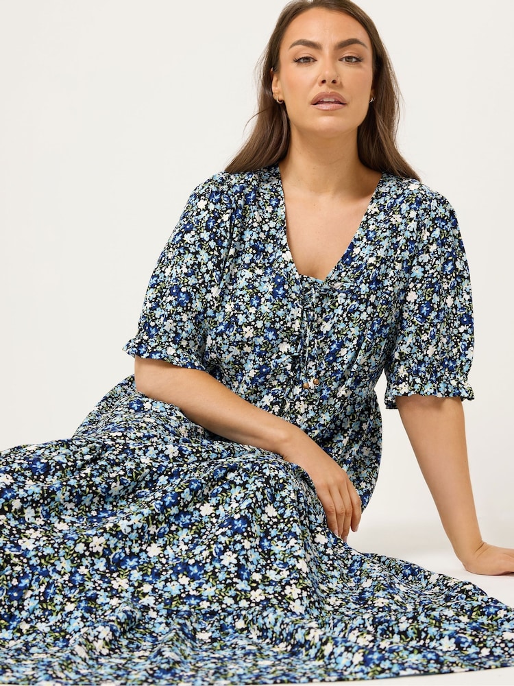 Yours Curve Blue Tie Front Texture Maxi Dress - Image 2 of 5