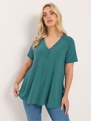 Yours Curve Blue Short Sleeve Henley Top - Image 1 of 5