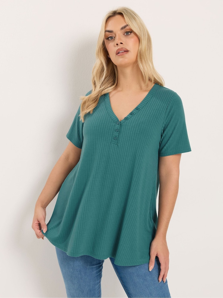 Yours Curve Blue Short Sleeve Henley Top - Image 1 of 5