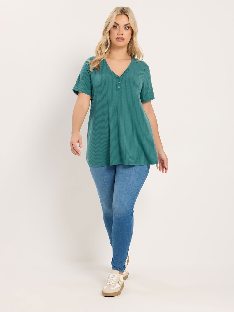 Yours Curve Blue Short Sleeve Henley Top - Image 2 of 5
