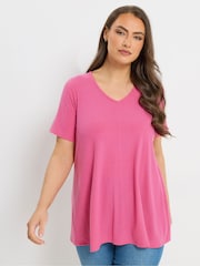 Yours Curve Pink V-Neck Ribbed Swing T-Shirt - Image 1 of 4